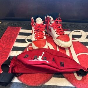 Jordan Red and White Youth High-Top Sneakers with Matching Bag